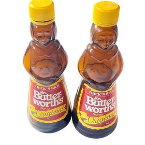 Vintage Mrs Butterworths Amber Glass Syrup Bottles 12oz Set of 2 Collectible